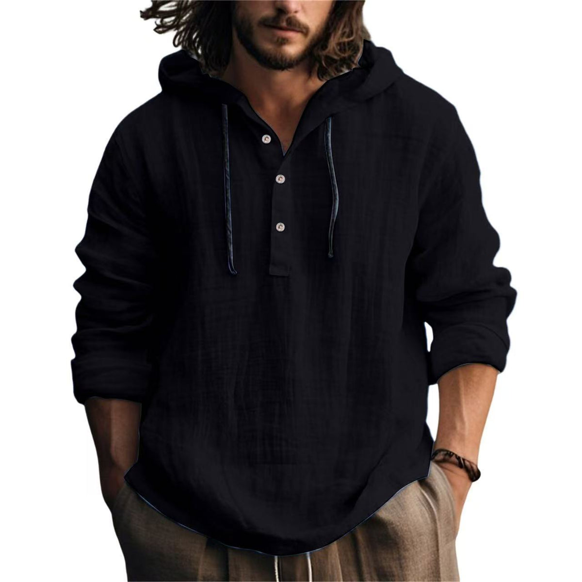 Mens Linen Hooded Shirt Long Sleeve Casual Loose Fit