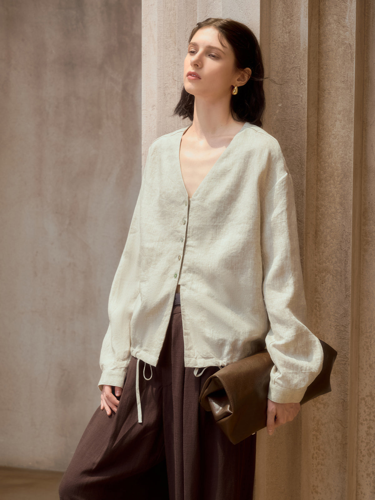 Pure Linen V-Neck Loose Fit Long Sleeve Shirt