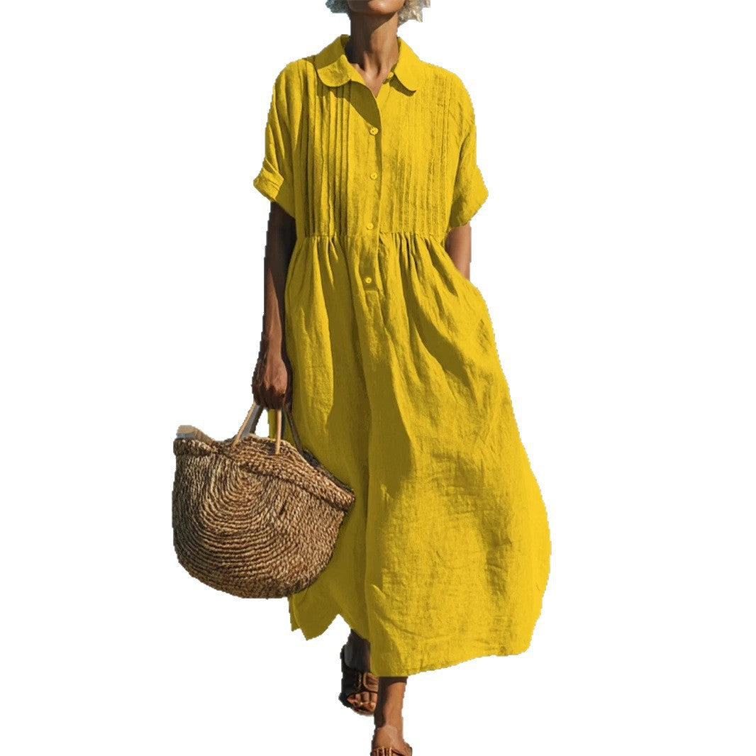 Women's long dress casual loose collar buttoned pleated short-sleeved cotton and linen blouse