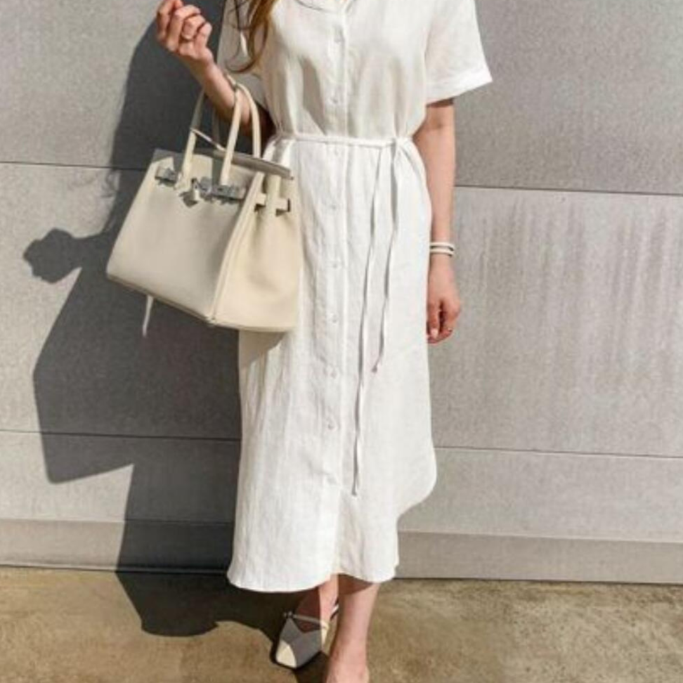 Korean Style Linen Shirt Dress with Lace-Up Waist