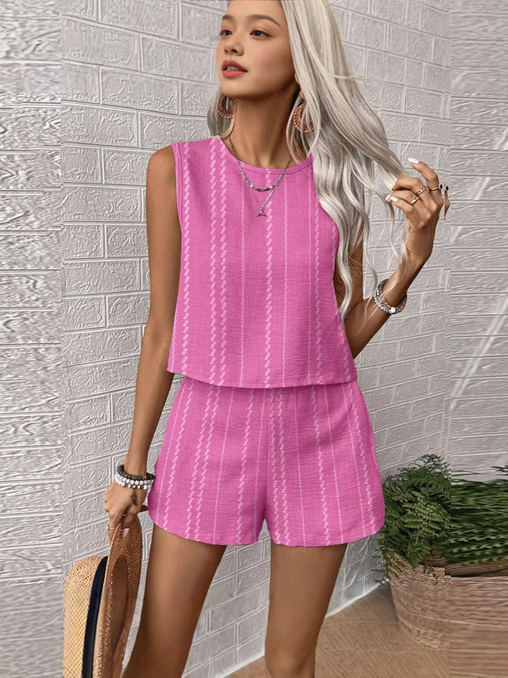 Women Linen Vertical Striped Sleeveless Two Piece Shorts Set