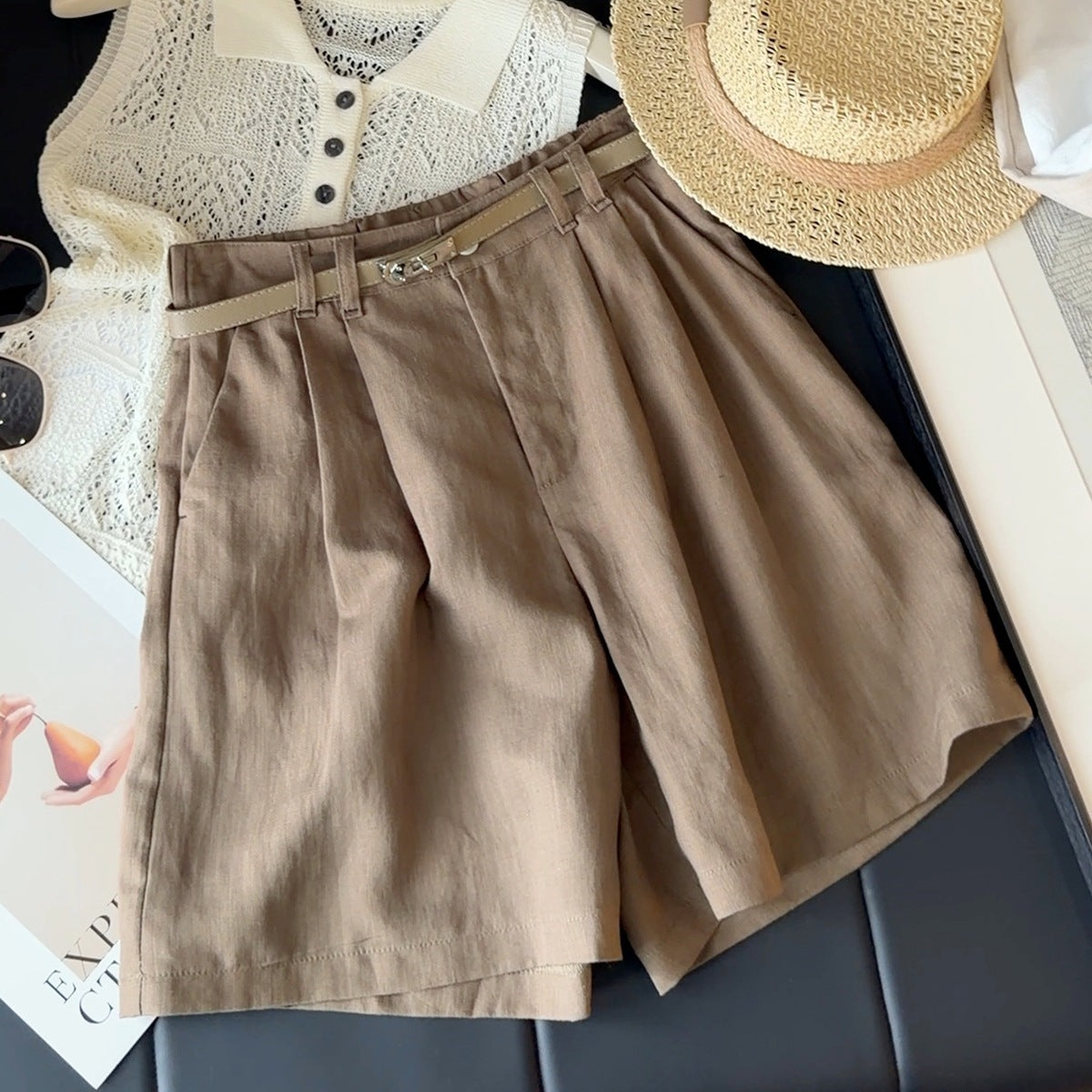 Women's Cotton Linen High Waist Wide Leg Shorts
