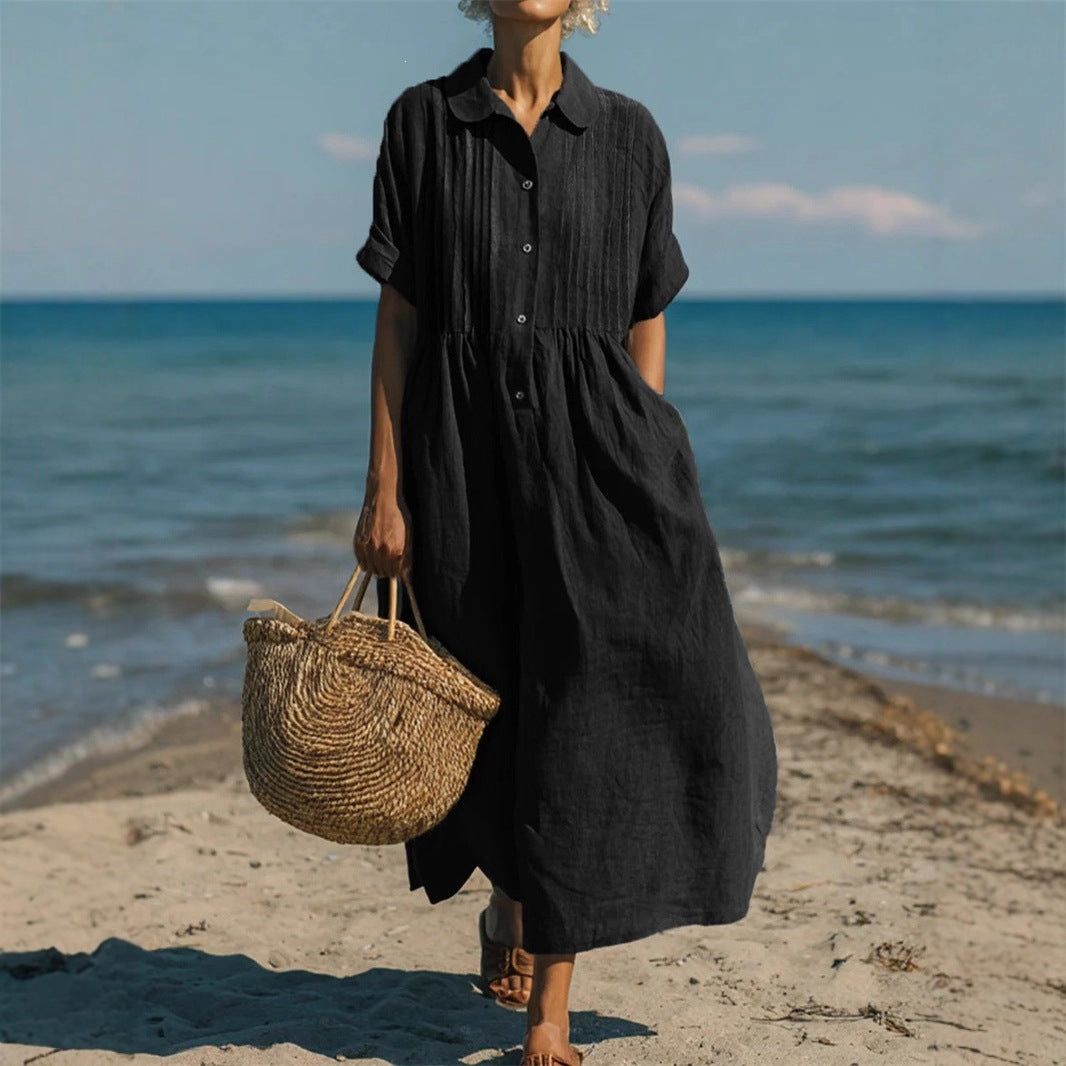 Women's long dress casual loose collar buttoned pleated short-sleeved cotton and linen blouse
