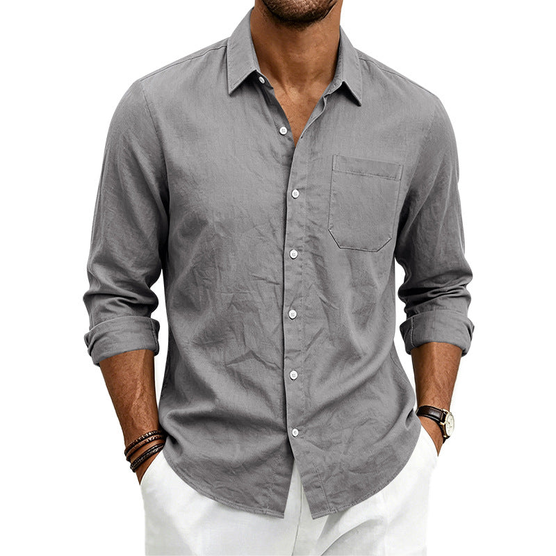 Mens Casual Linen Shirt Solid Color Long Sleeve Button Down