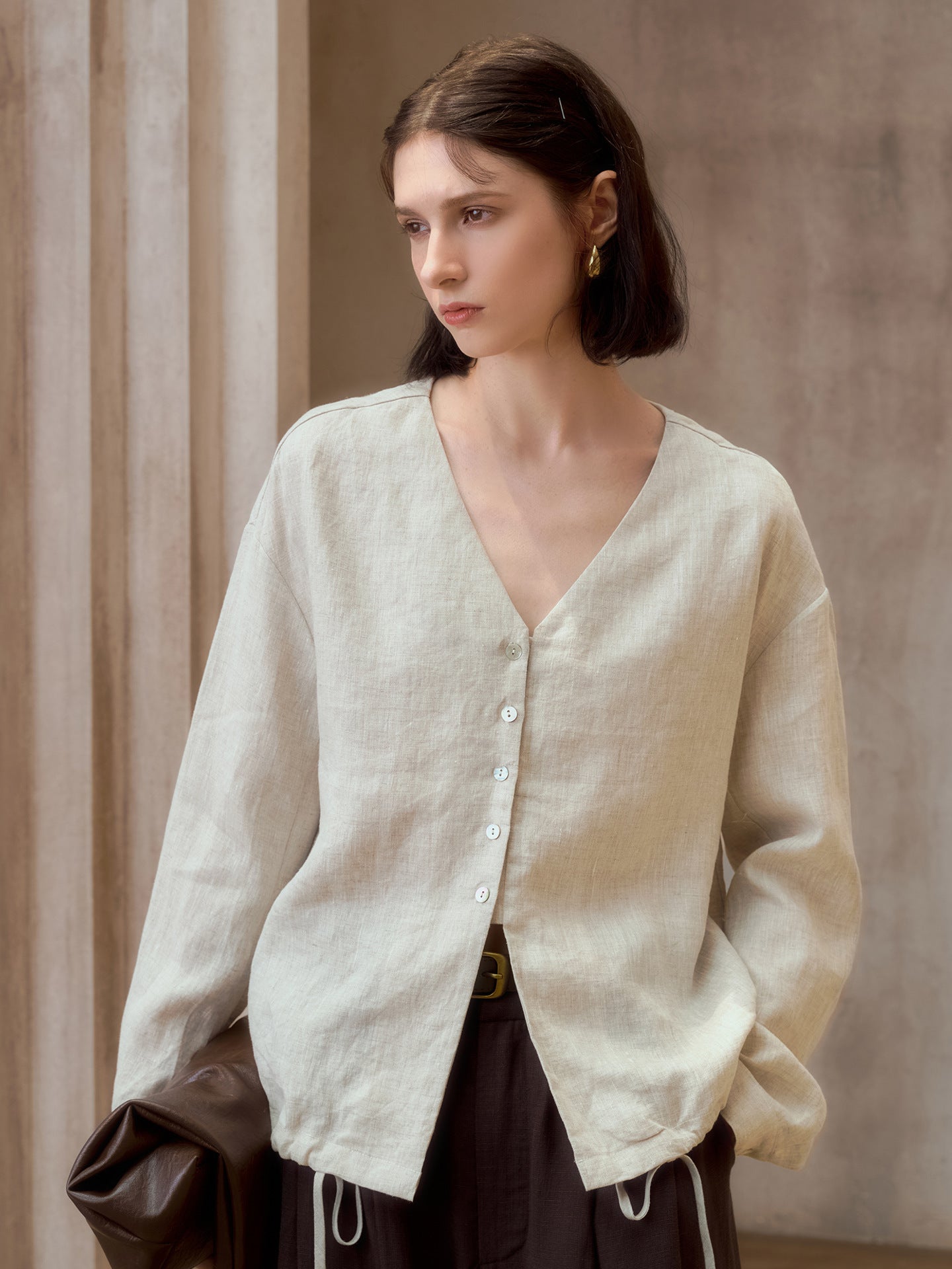 Pure Linen V-Neck Loose Fit Long Sleeve Shirt
