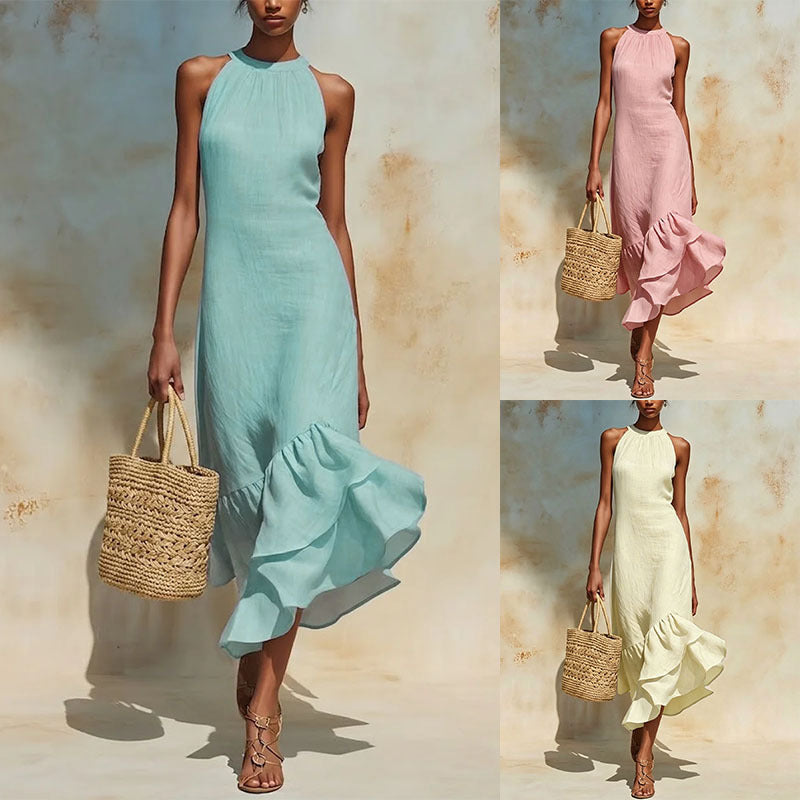 Womens Asymmetrical Hem Linen Dress
