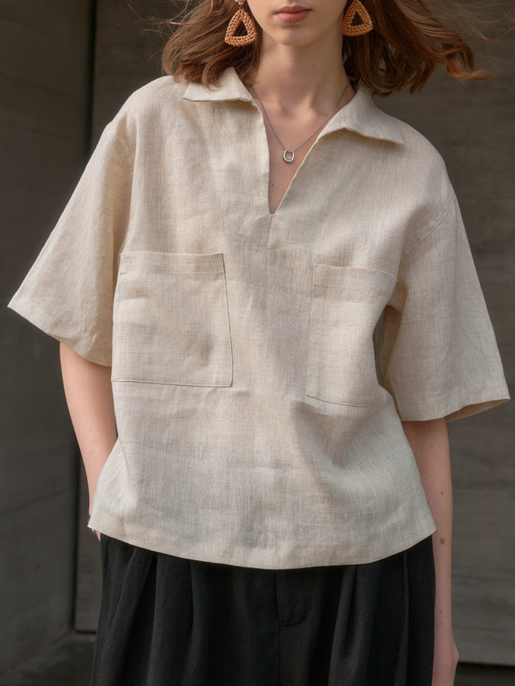 Linen V-Neck Loose Short Sleeve Womens Shirt