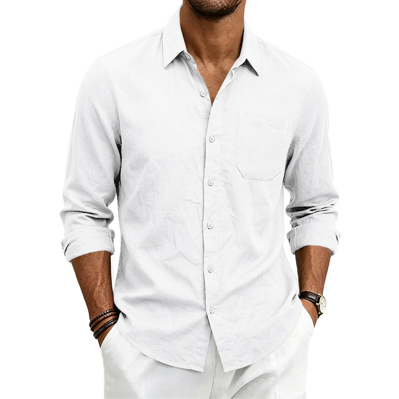 Mens Casual Linen Shirt Solid Color Long Sleeve Button Down