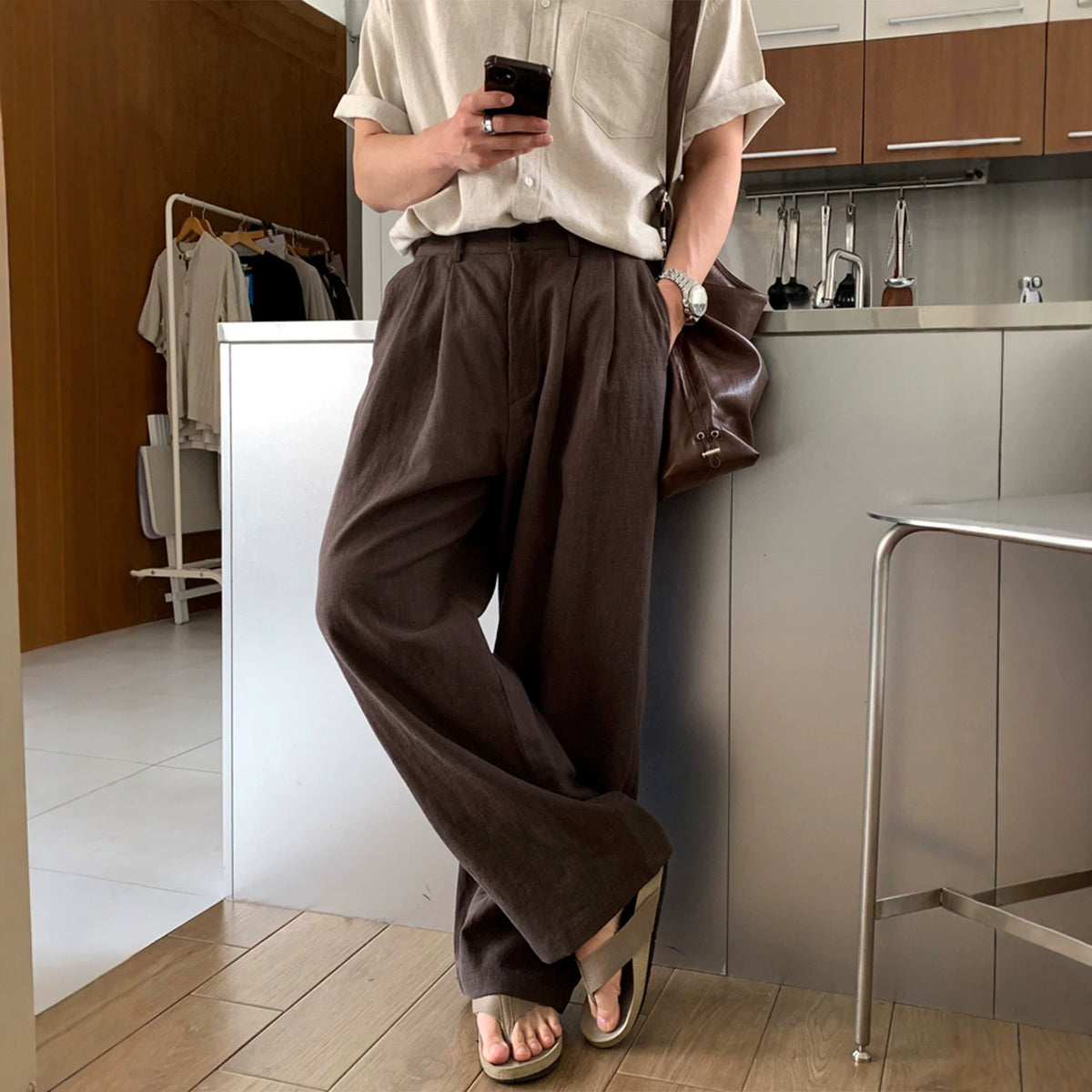 Cotton-linen straight-leg pants