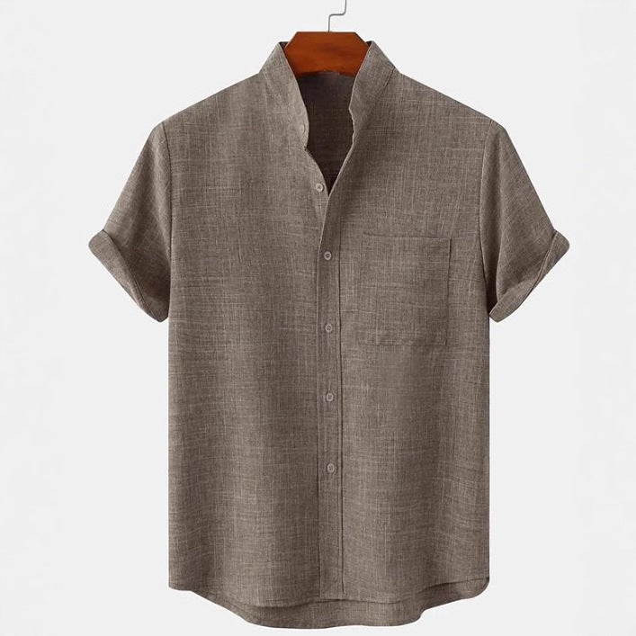 Mens Cotton Linen Stand Collar Shirt