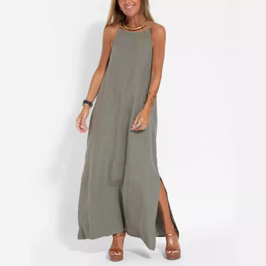 Casual Cotton Linen Slit Suspender Dress