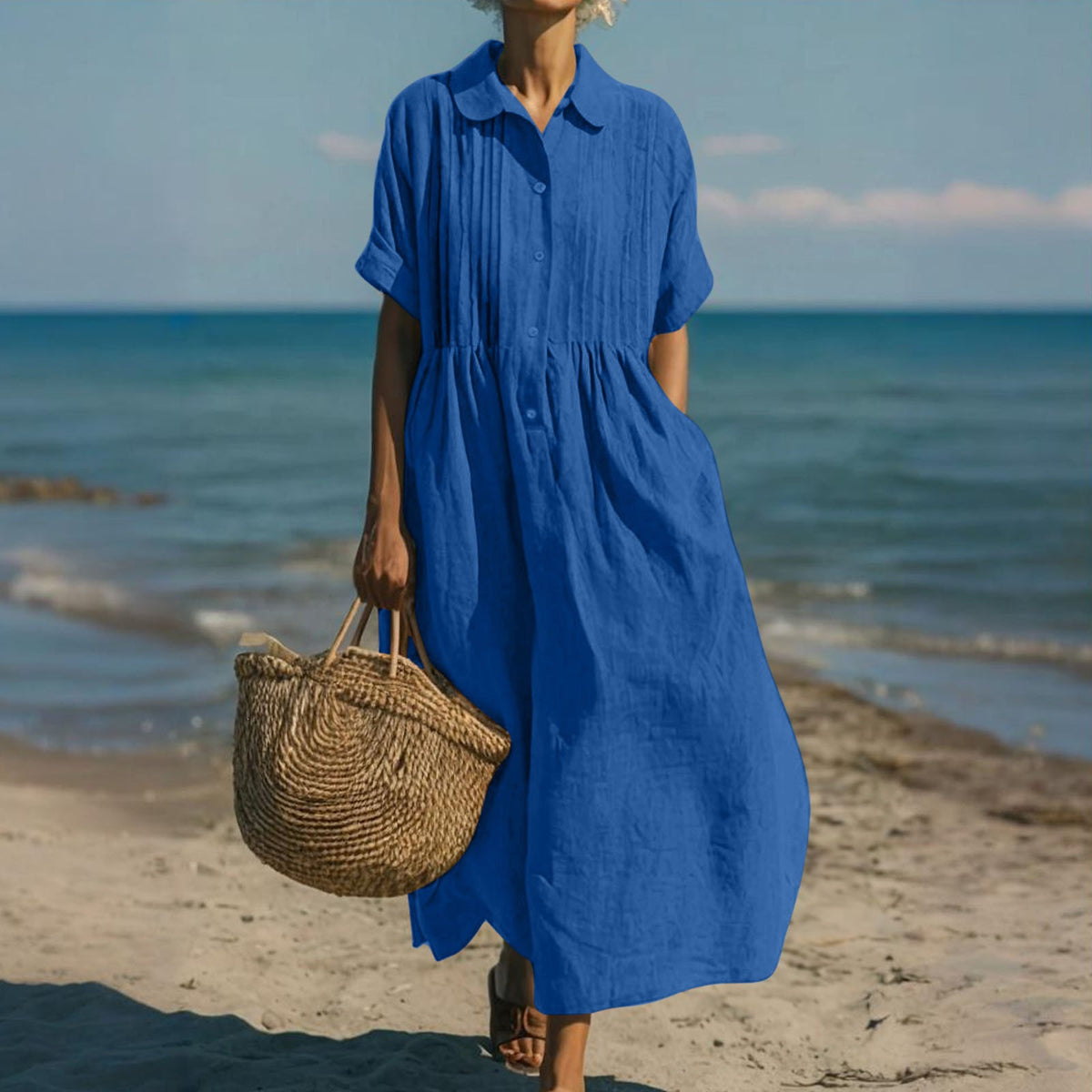 Women's long dress casual loose collar buttoned pleated short-sleeved cotton and linen blouse