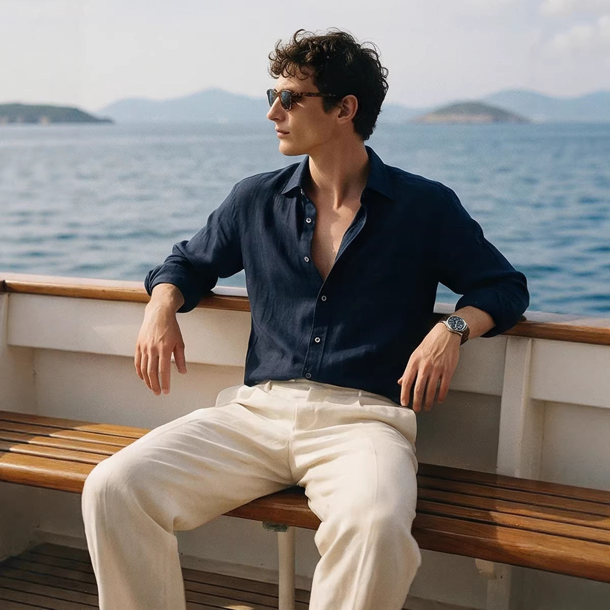 Men's Linen Long-Sleeved Shirt, Casual Breathable Button-Down Shirt, Beach Loose-Fitting Lazy Style Top
