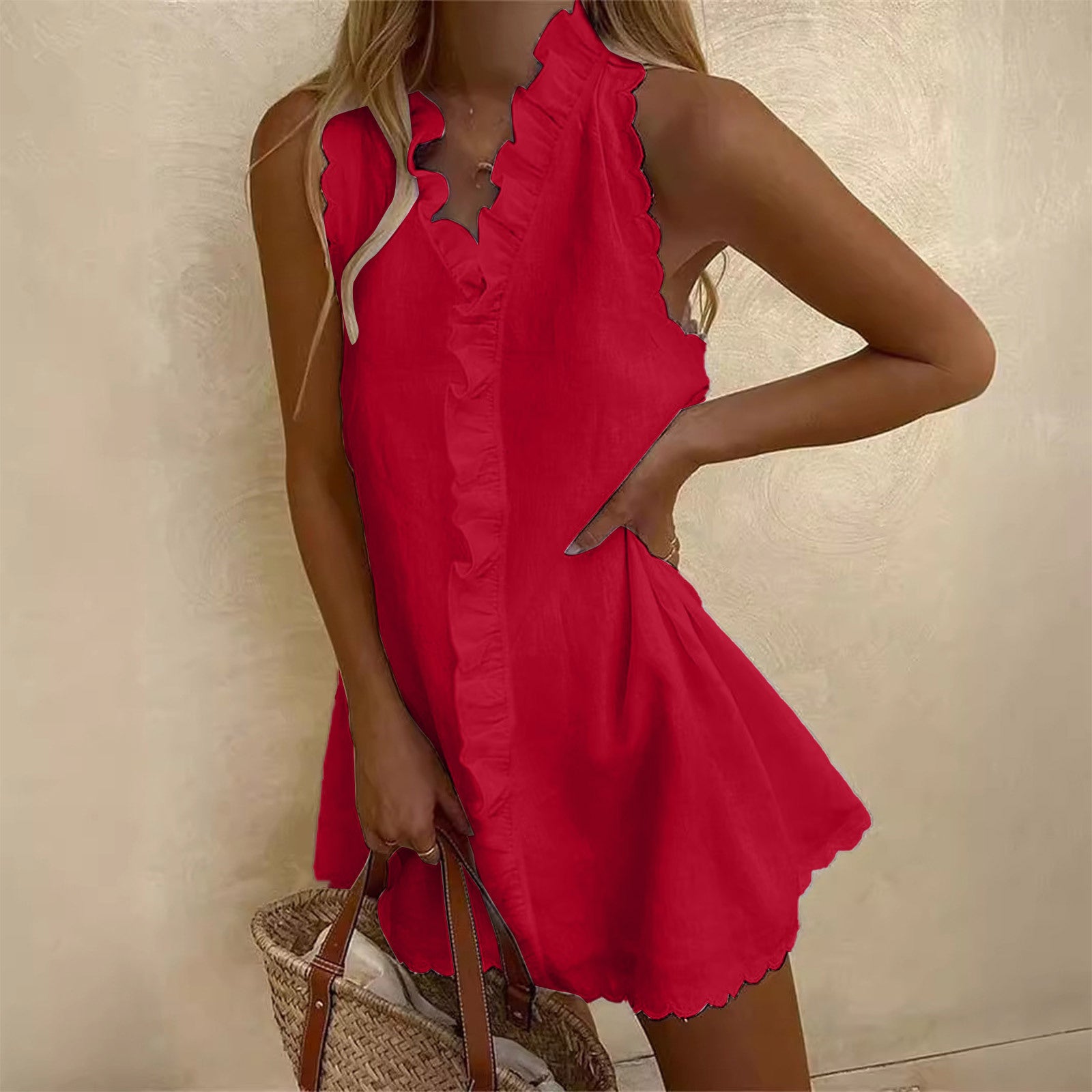 Womens Casual Cotton Linen Embroidered Dress