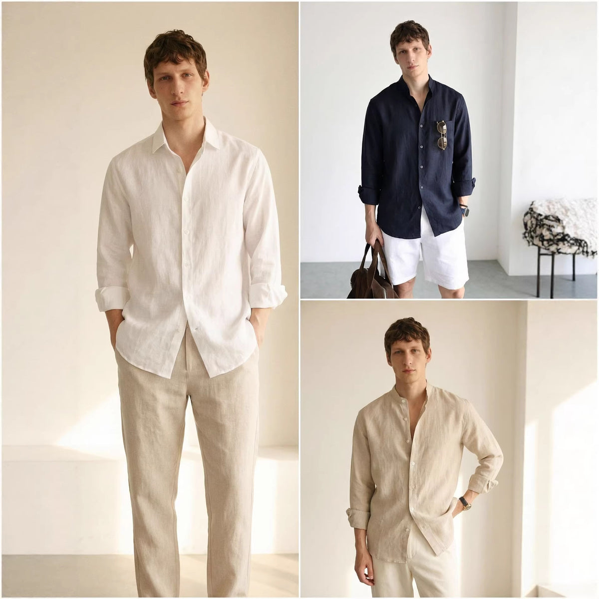 Men's Linen Long-Sleeved Shirt, Casual Breathable Button-Down Shirt, Beach Loose-Fitting Lazy Style Top