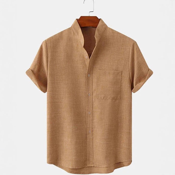 Mens Cotton Linen Stand Collar Shirt