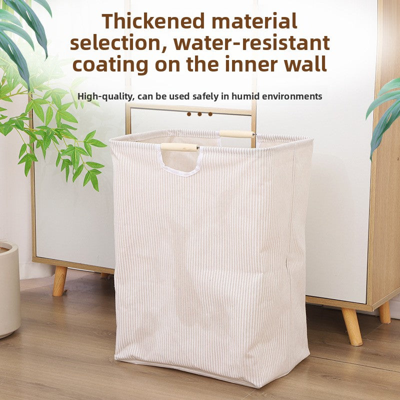 Cotton Linen Foldable Laundry Basket with Wooden Handle Storage Organizer