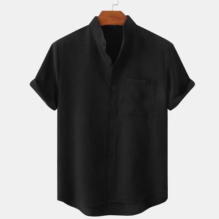 Mens Cotton Linen Stand Collar Shirt