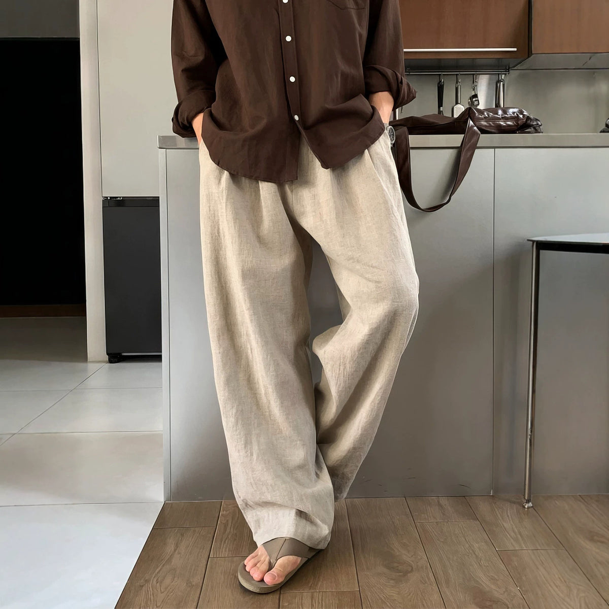 Cotton-linen straight-leg pants