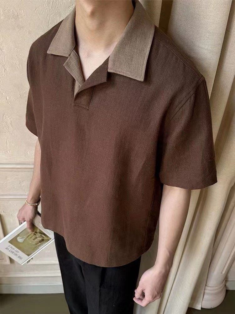 Men's Linen Blend Polo Collar Short Sleeve Shirt