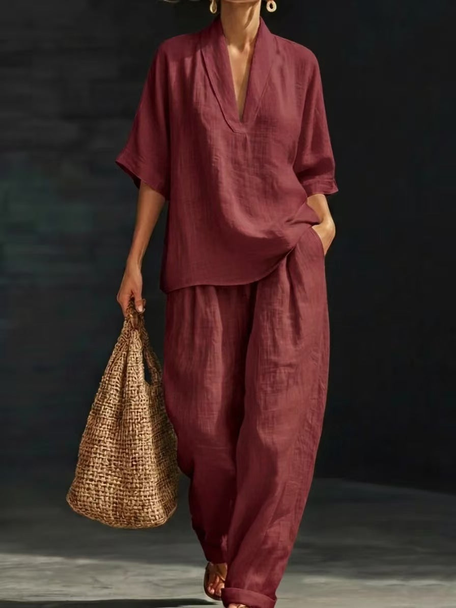Womens Linen V-Neck Short-Sleeve Wide-Leg Pants
