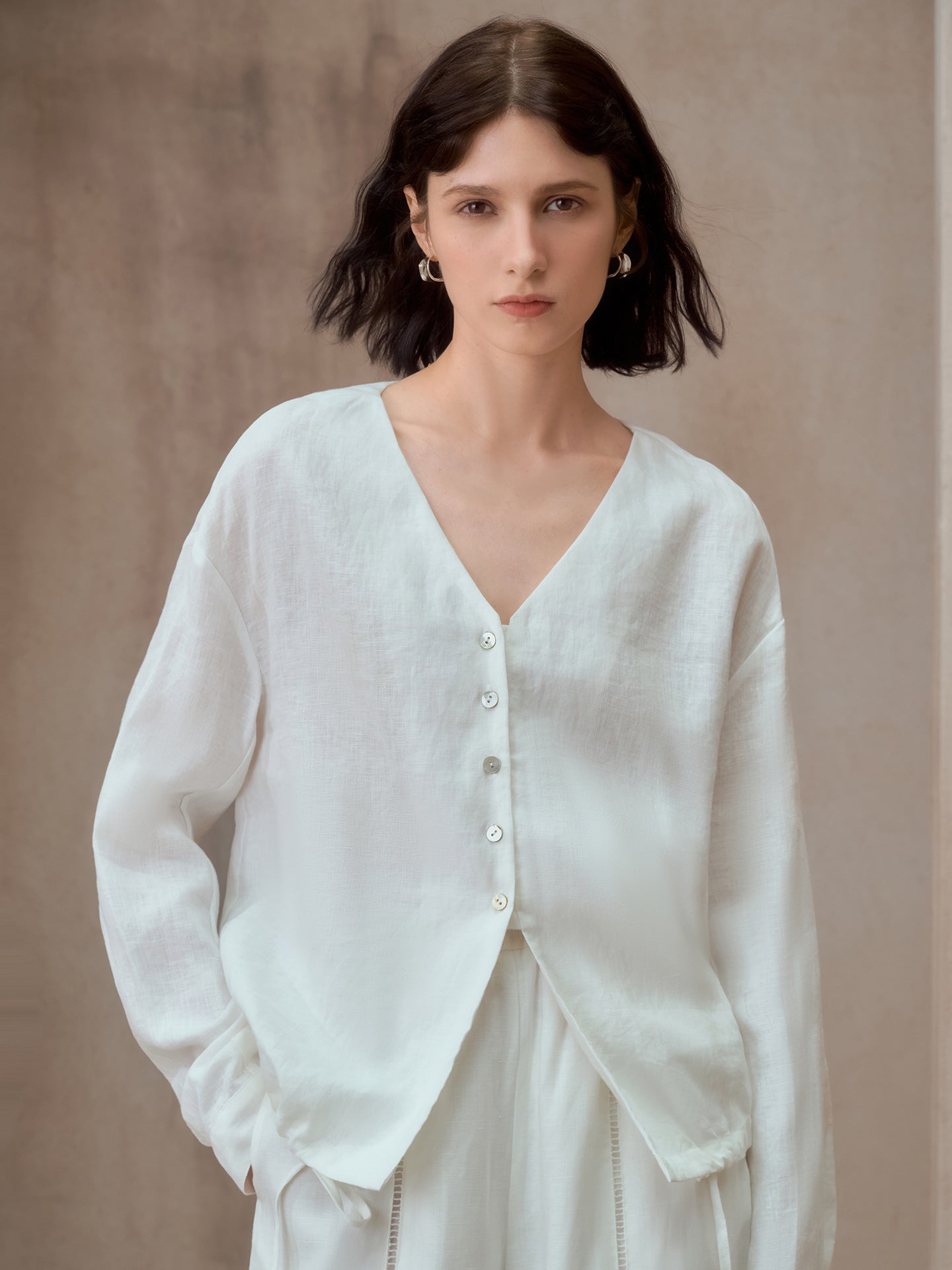 Pure Linen V-Neck Loose Fit Long Sleeve Shirt
