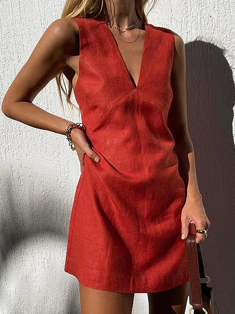 Womens Cotton Linen V-Neck A-Line Dress