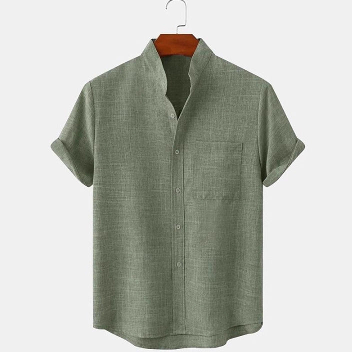 Mens Cotton Linen Stand Collar Shirt