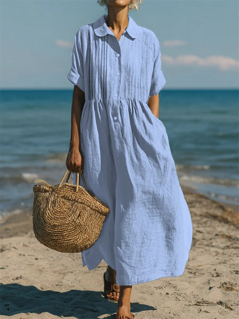 Women's long dress casual loose collar buttoned pleated short-sleeved cotton and linen blouse