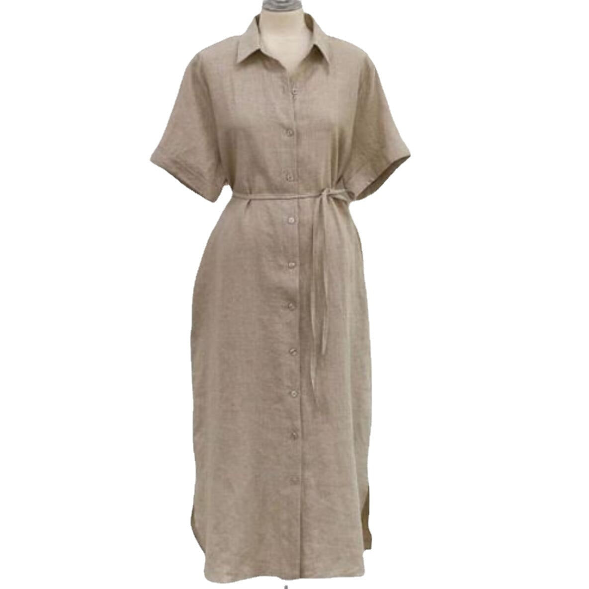 Korean Style Linen Shirt Dress with Lace-Up Waist
