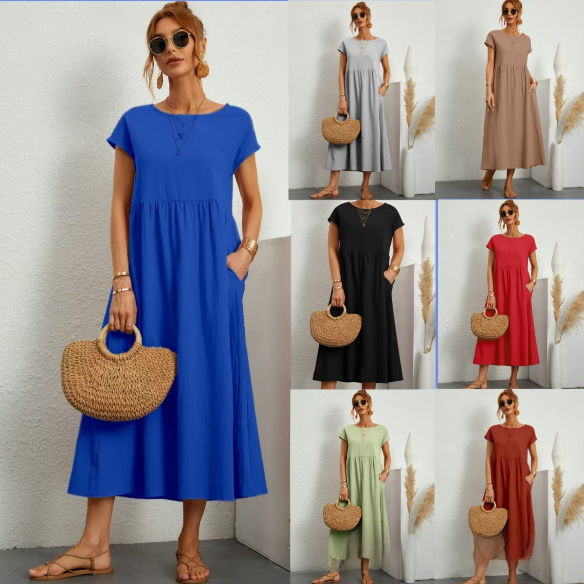 Womens Short Sleeve Cotton Linen Dress with Pockets
