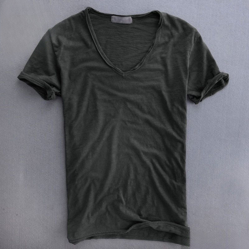 Men's Linen Cotton Short Sleeve T-Shirt V-Neck Solid Color