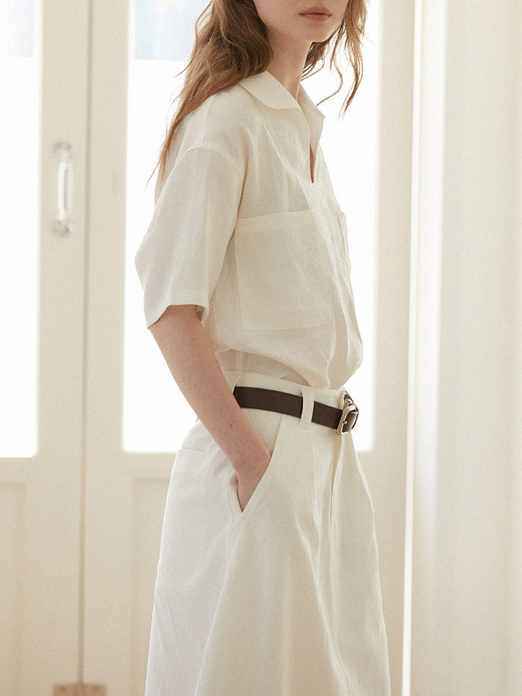 Linen V-Neck Loose Short Sleeve Womens Shirt