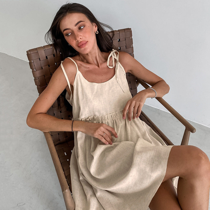 Spaghetti Strap Cotton Linen A-Line Dress