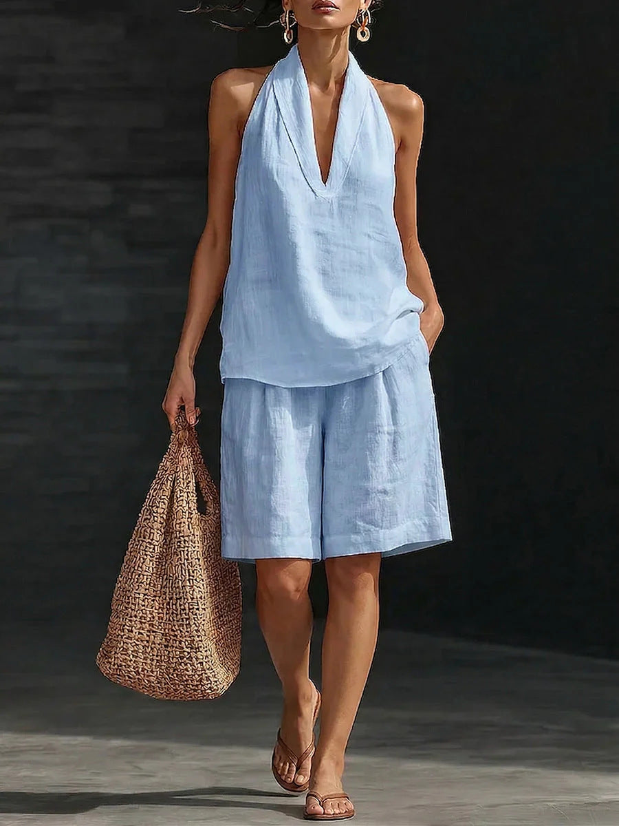 Women's Cotton Linen Vest Shorts Set