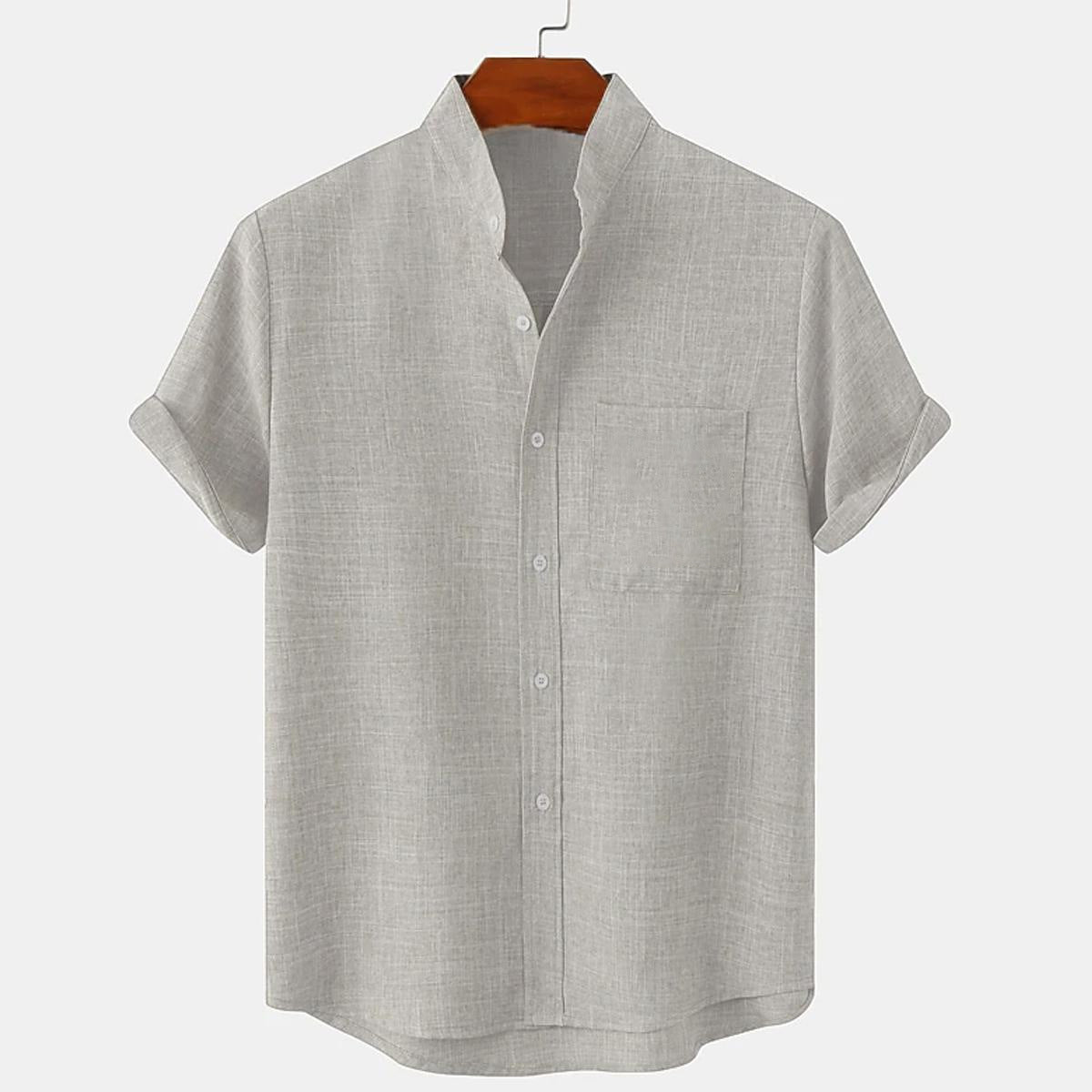 Mens Cotton Linen Stand Collar Shirt