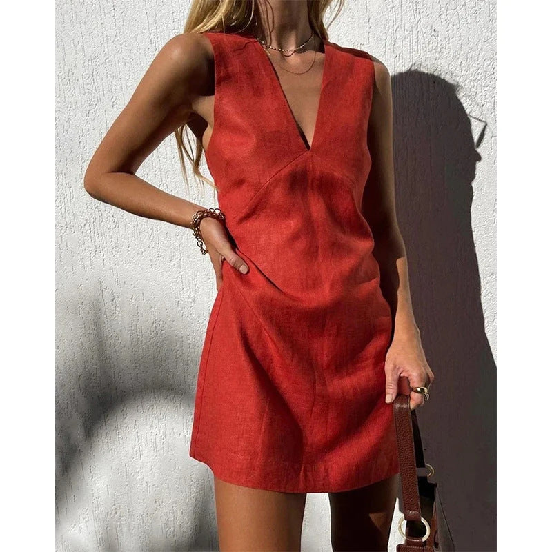 Womens Cotton Linen V-Neck A-Line Dress