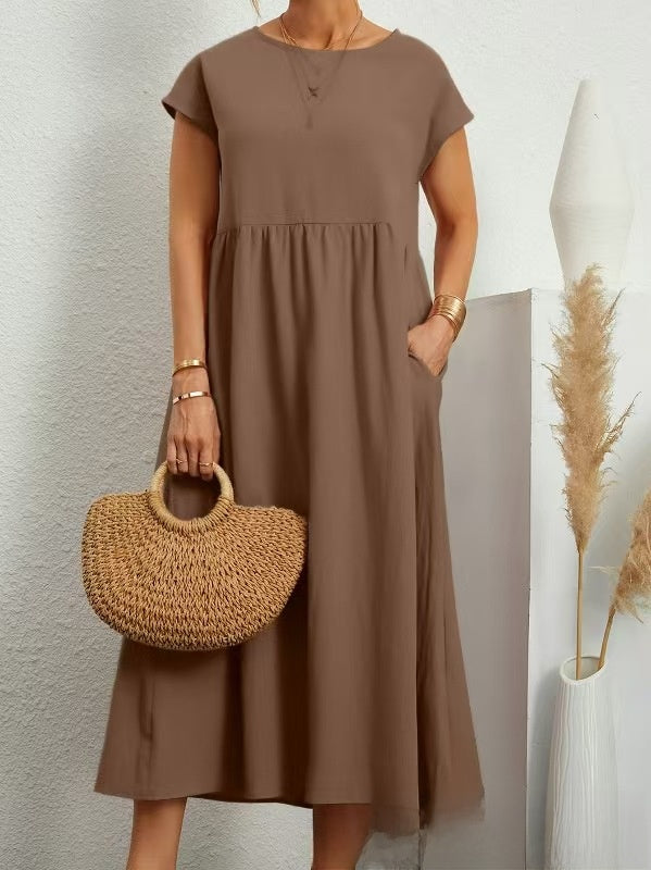 Womens Short Sleeve Cotton Linen Dress with Pockets