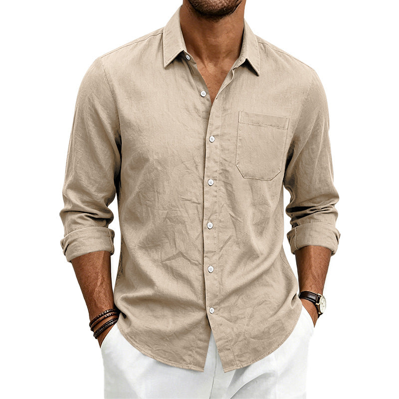 Mens Casual Linen Shirt Solid Color Long Sleeve Button Down