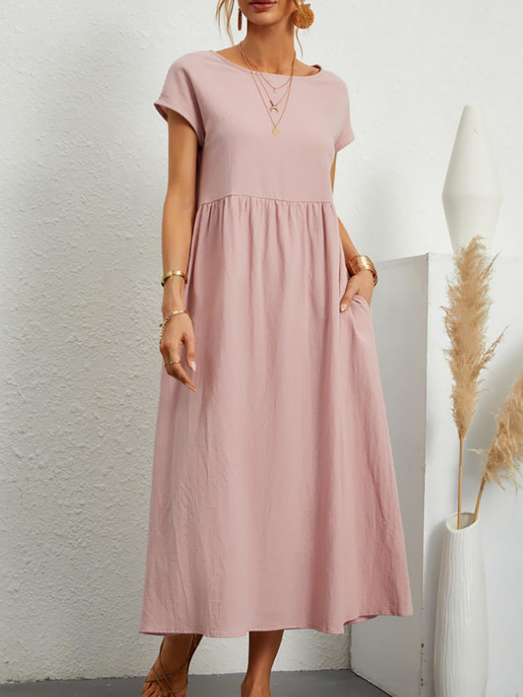 Womens Short Sleeve Cotton Linen Dress with Pockets