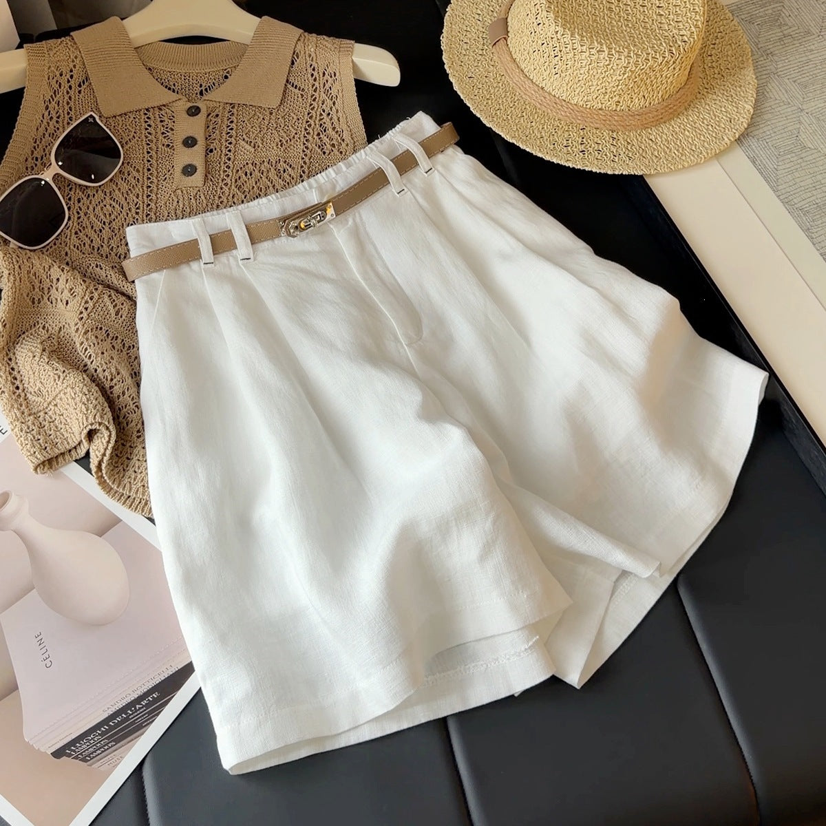 Women's Cotton Linen High Waist Wide Leg Shorts