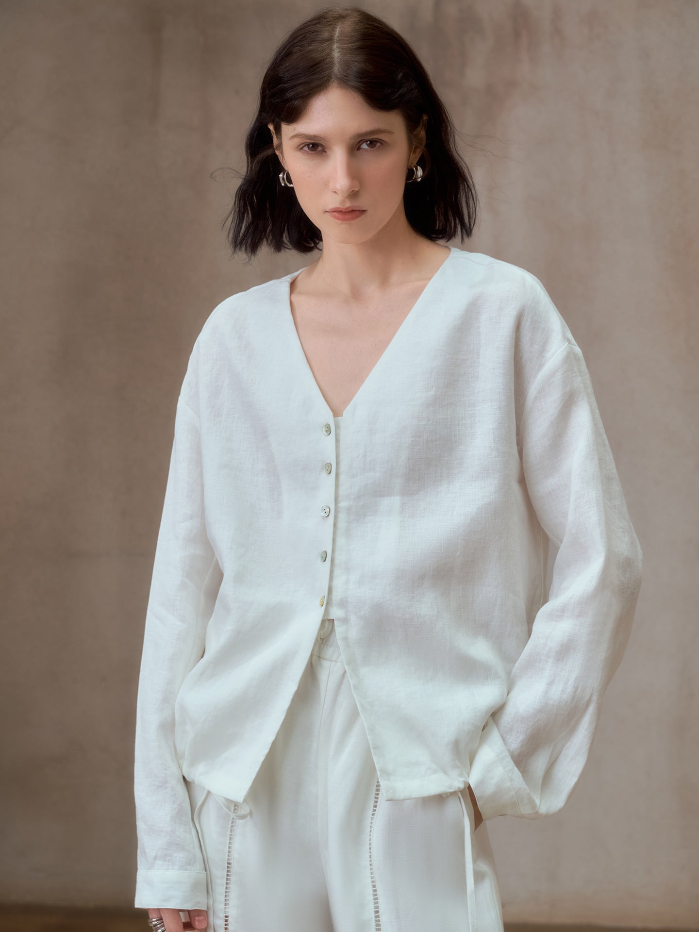 Pure Linen V-Neck Loose Fit Long Sleeve Shirt