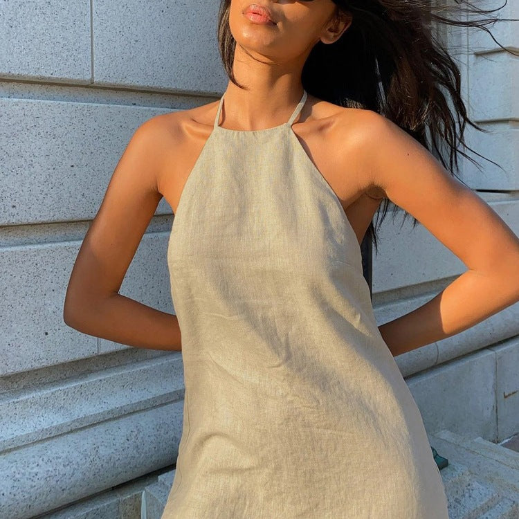 Womens Cotton Linen Halter Neck Dress