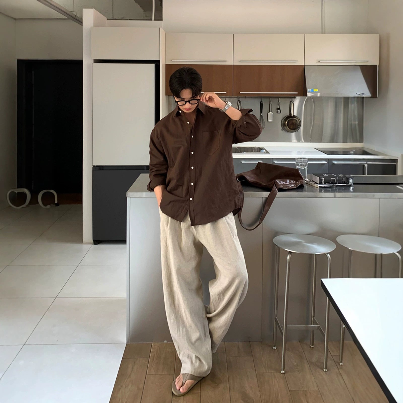 Cotton-linen straight-leg pants