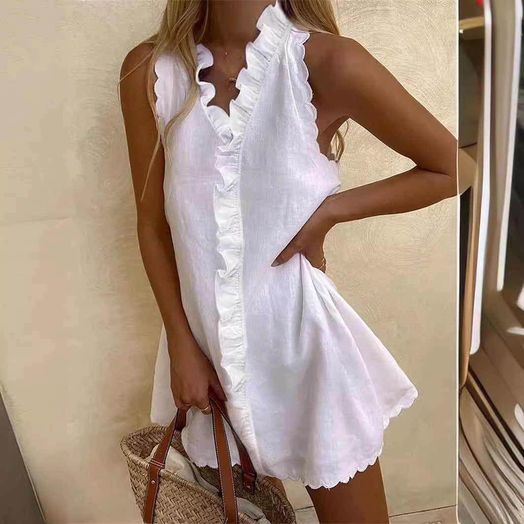 Womens Casual Cotton Linen Embroidered Dress
