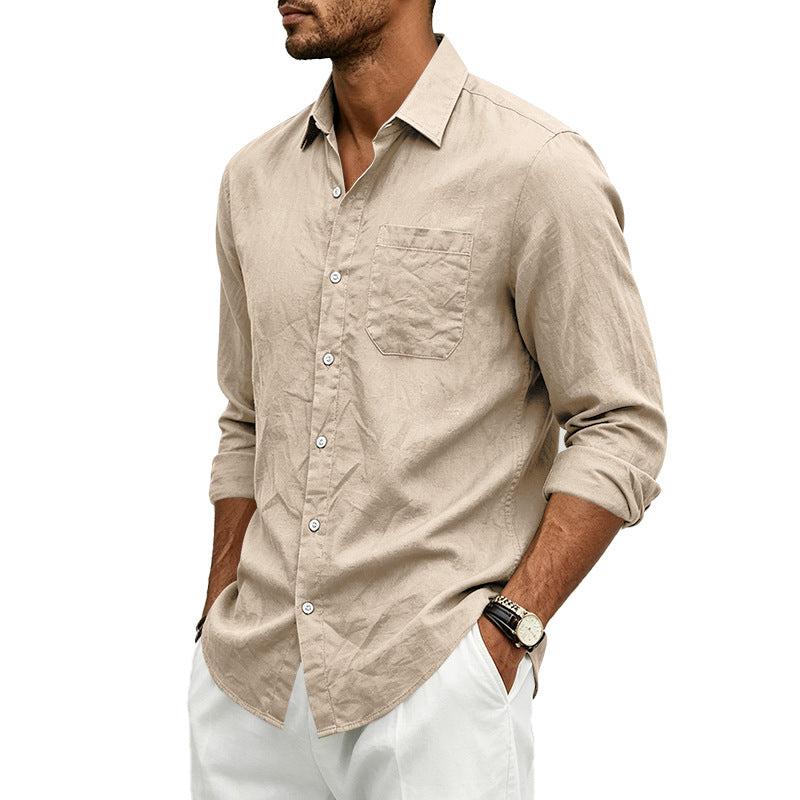 Mens Casual Linen Shirt Solid Color Long Sleeve Button Down