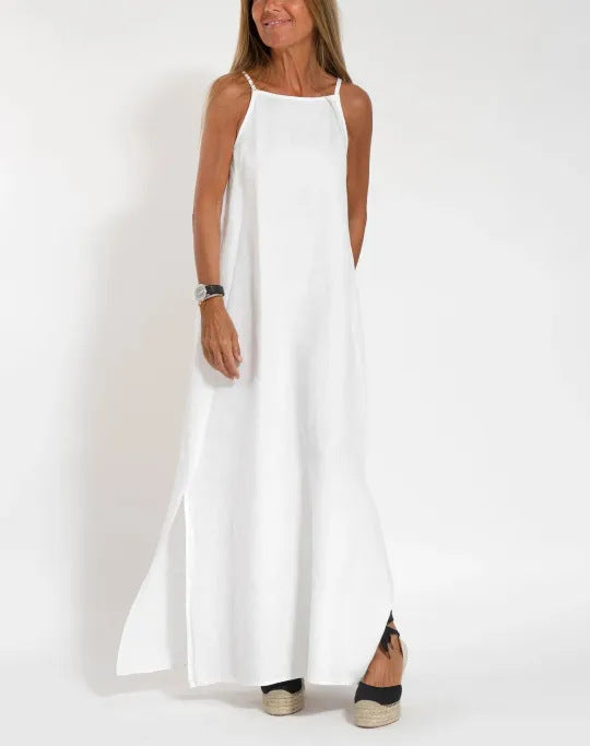 Casual Cotton Linen Slit Suspender Dress