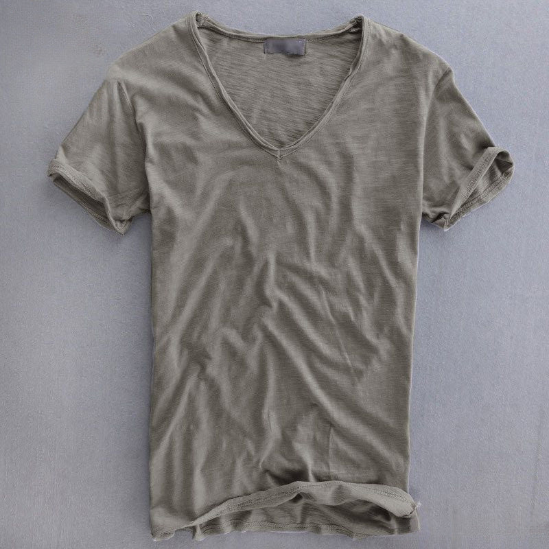 Men's Linen Cotton Short Sleeve T-Shirt V-Neck Solid Color