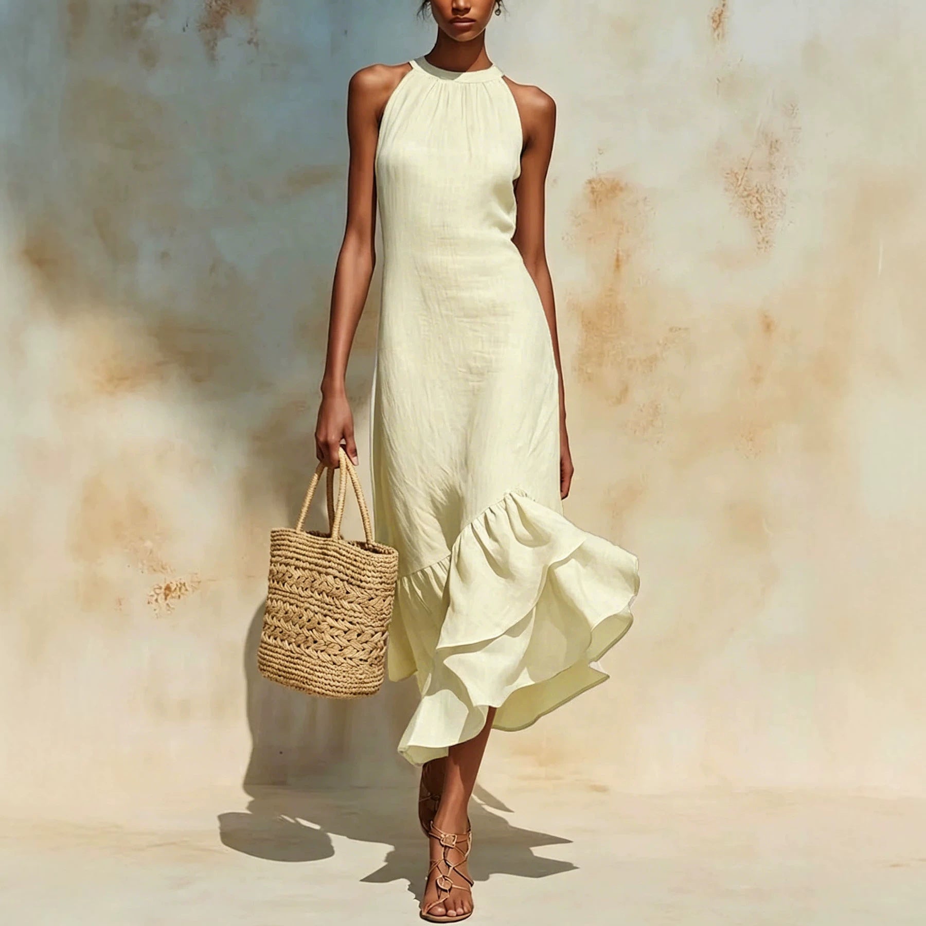 Womens Asymmetrical Hem Linen Dress