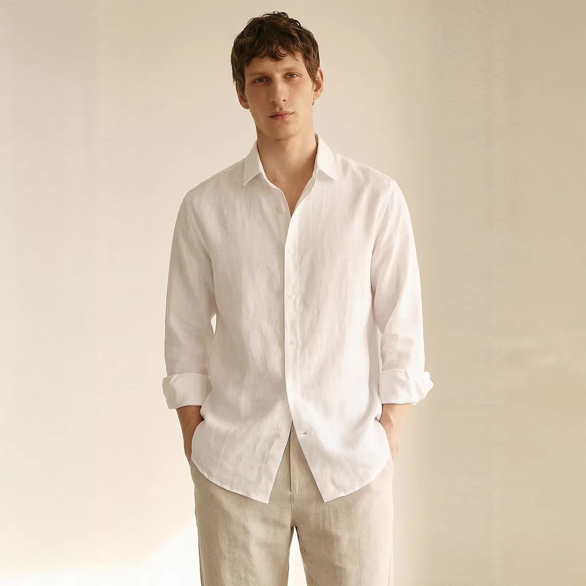 Men's Linen Long-Sleeved Shirt, Casual Breathable Button-Down Shirt, Beach Loose-Fitting Lazy Style Top